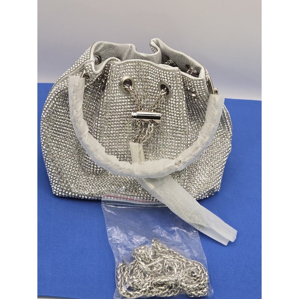 Silver Rhinestone Crystal Bucket Bag Purse w/ Chain Strap & Top Handle – New - Picture 2 of 9